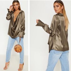 Pretty Little Thing Cowl Longline Olive Top